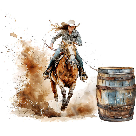 cowgirl, western, rodeo, barrel racing, horse, brown, tan, cream, beige, rust, watercolor, splatter, action, adventure, rustic, vintage, farmhouse, country, wild west, equestrian, sports, dynamic motion, dusty brown, ochre, denim blue, americana, western wear, desert, ranch life, artistic style