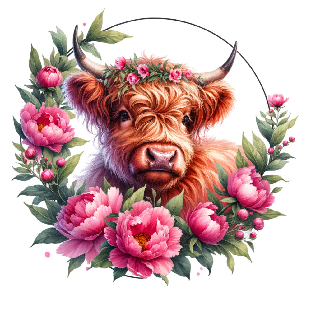 highland cattle, rustic floral, pink peonies, coral orange, burnt orange, sage green, botanical, farmhouse style, whimsical animals, cottage core, country charm, bull illustration, long-haired cattle, flower wreath, spring blooms, summer garden, boho aesthetic, nature inspired, vintage botanical, elegant rustic, feminine farmhouse, livestock art, layered florals, garden theme, artistic animals, folk art style, pastoral scene, decorative animals, magenta pink, cream background