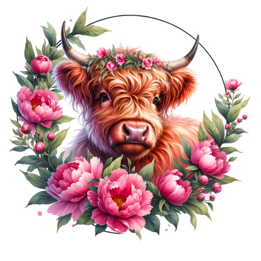 highland cattle, rustic floral, pink peonies, coral orange, burnt orange, sage green, botanical, farmhouse style, whimsical animals, cottage core, country charm, bull illustration, long-haired cattle, flower wreath, spring blooms, summer garden, boho aesthetic, nature inspired, vintage botanical, elegant rustic, feminine farmhouse, livestock art, layered florals, garden theme, artistic animals, folk art style, pastoral scene, decorative animals, magenta pink, cream background