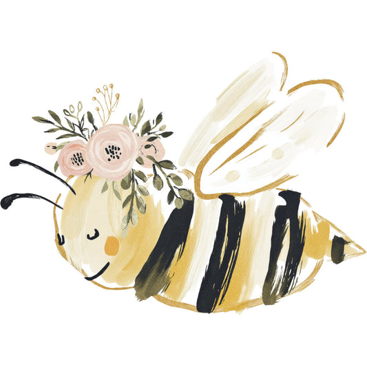 bee, honey bee, floral, flowers, pink roses, gold accents, black stripes, cream, soft yellow, whimsical, nature, animals, insects, botanical, spring, garden, cheerful, cute, children's, baby, illustrated, watercolor, modern, playful, bumble bee, blooms, leaves, greenery, pastoral