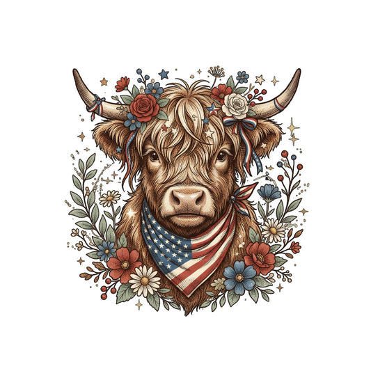 texas longhorn, bull, highland cattle, american flag, patriotic, floral, botanical, rustic, farmhouse, western, country, boho, bohemian, whimsical, vintage, folk art, cream, tan, brown, rust red, dusty rose, coral, navy blue, cream white, stars, flowers, roses, daisies, leaves, berries
