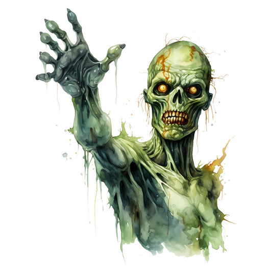 zombie, undead, skull, horror, halloween, gothic, spooky, scary, green, lime green, olive green, chartreuse, golden yellow, rust orange, eerie, dark, macabre, festive horror, supernatural, monster, creepy, bone, glowing eyes, watercolor, artistic, fantasy, haunted, seasonal halloween, wall hanging, decorative panel