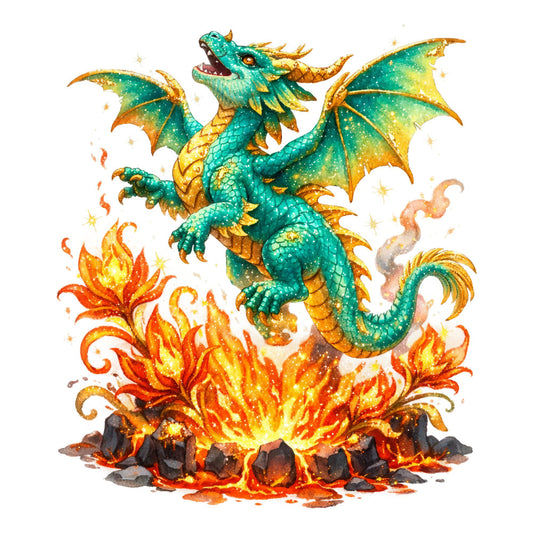 turquoise dragon, emerald green, golden yellow, orange flame, teal scales, fire, bonfire, fantasy, mythical creature, whimsical, magical, celestial stars, dragon design, campfire, nature, adventure, storybook, illustration art, jewel tones, warm colors, cool colors, dragon fantasy, enchanted forest, magical creatures, children's theme, adventure theme, detailed illustration