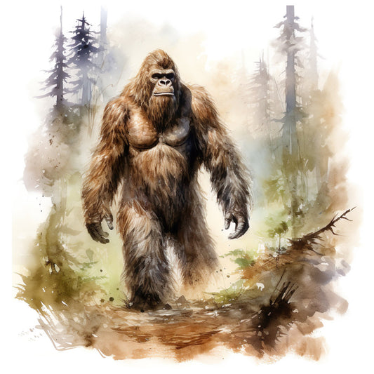 bigfoot, sasquatch, cryptid, woodland, forest, nature, wildlife, animals, brown, tan, cream, beige, taupe, watercolor, misty, atmospheric, rustic, adventure, outdoor, primitive, cryptozoology, mysterious, legend, folklore, hiking, cabin, mountain, trees, evergreen, wall hanging