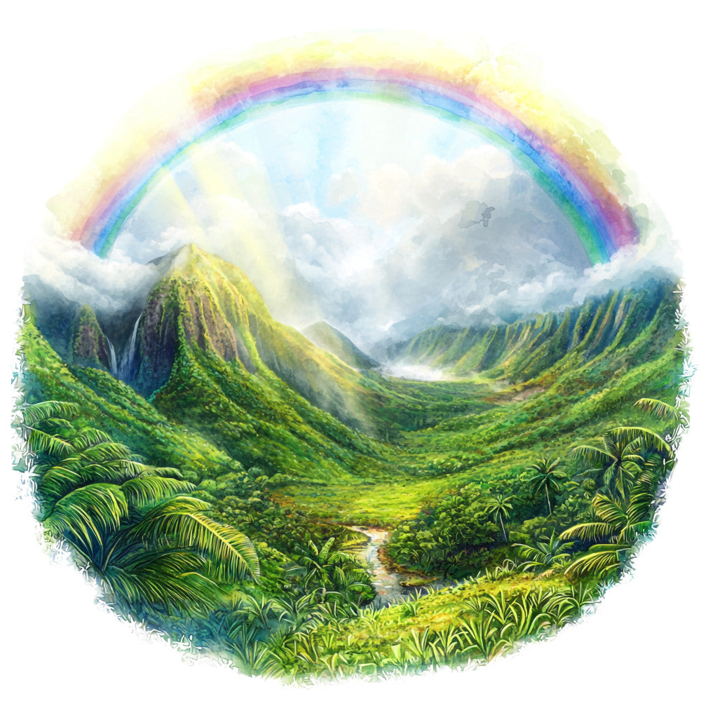 tropical landscape, rainbow arc, lush mountains, emerald green, vibrant blues, golden yellow, purple hues, palm trees, waterfall, stream, valley scene, hawaiian paradise, fabric panel, circular design, cloudy sky, jungle foliage, nature scene, tropical plants, mountain ridges, scenic vista