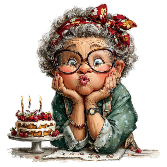 grandmother, whimsical, vintage, red floral, forest green, gray hair, glasses, headscarf, cake, berries, cheerful, character, retro, folk art, cottagecore, novelty, humorous, elderly woman, birthday, celebration, floral print, red and gold, charming, playful, traditional, cozy, kitchen theme, baking theme, festive