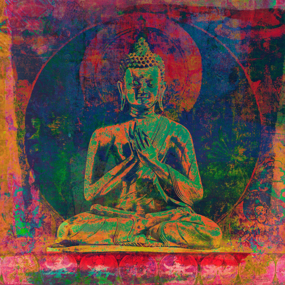 buddha, meditation, spiritual, eastern, asian, vibrant, multicolor, rainbow, psychedelic, abstract, bohemian, modern, bright, bold, neon, lime green, hot pink, magenta, turquoise, orange, yellow, red, purple, mandala, religious, zen, peaceful, contemporary, artistic, textured