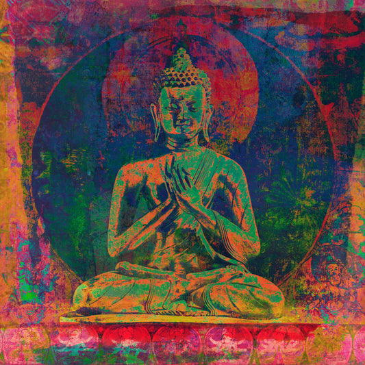 buddha, meditation, spiritual, eastern, asian, vibrant, multicolor, rainbow, psychedelic, abstract, bohemian, modern, bright, bold, neon, lime green, hot pink, magenta, turquoise, orange, yellow, red, purple, mandala, religious, zen, peaceful, contemporary, artistic, textured