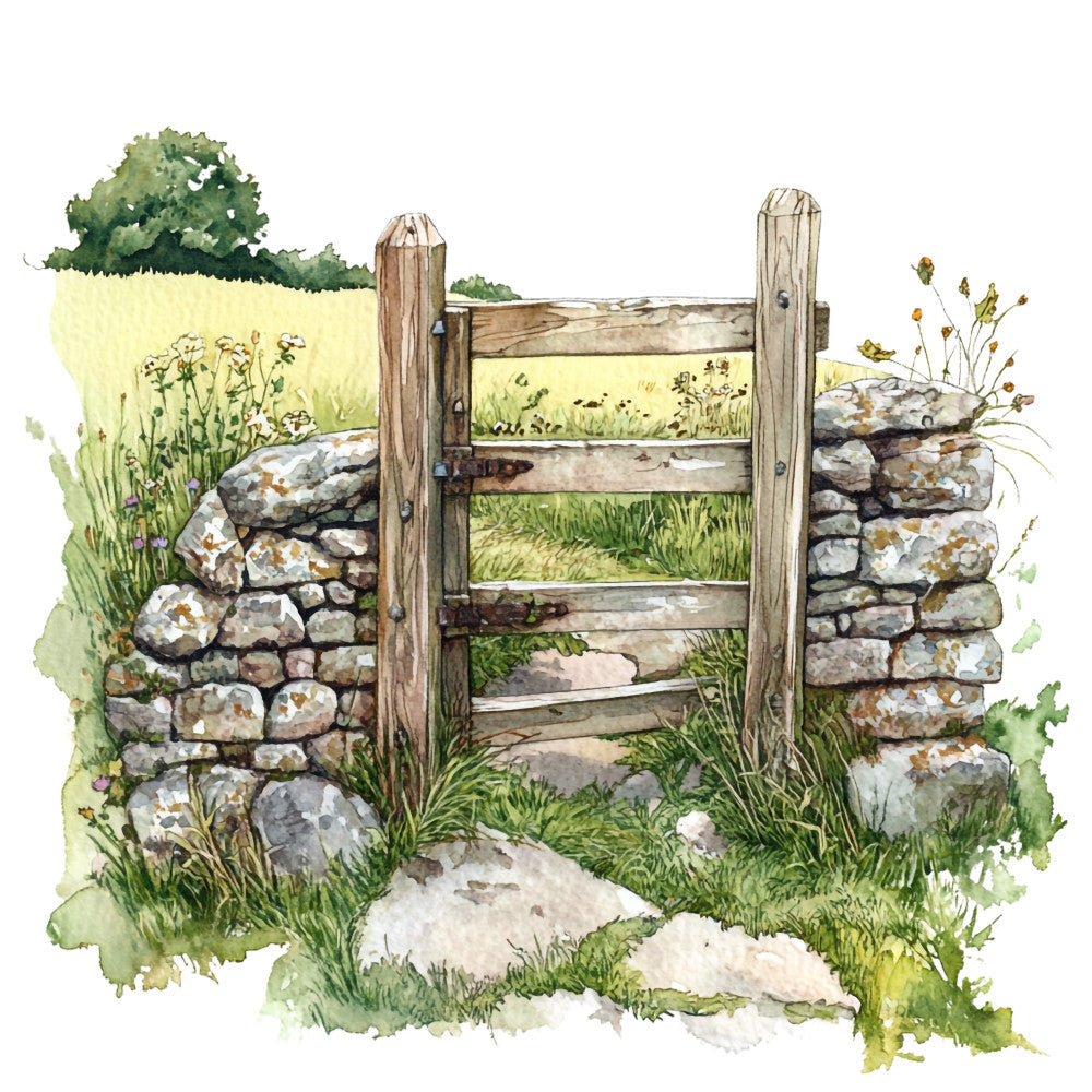 sage green, stone gray, golden yellow, weathered brown, watercolor style, wooden gate, stone wall, wildflowers, pastoral scene, countryside landscape, fabric panel, quilting cotton, rustic charm, english garden, fieldstone, wooden fence, meadow grass, botanical elements, rural setting, hand-painted look