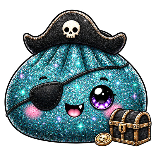 turquoise glitter, teal sparkle, black glitter, pink shimmer, purple eye, pirate theme, skull and crossbones, eye patch, treasure chest, gold accents, whimsical, cute character, kawaii, novelty, playful, children's, fantasy, adventure, nautical, metallic glitter, sequin effect, shimmering, treasure map, pirate ship, character face, animated, fun, magical, sparkly, embellished look