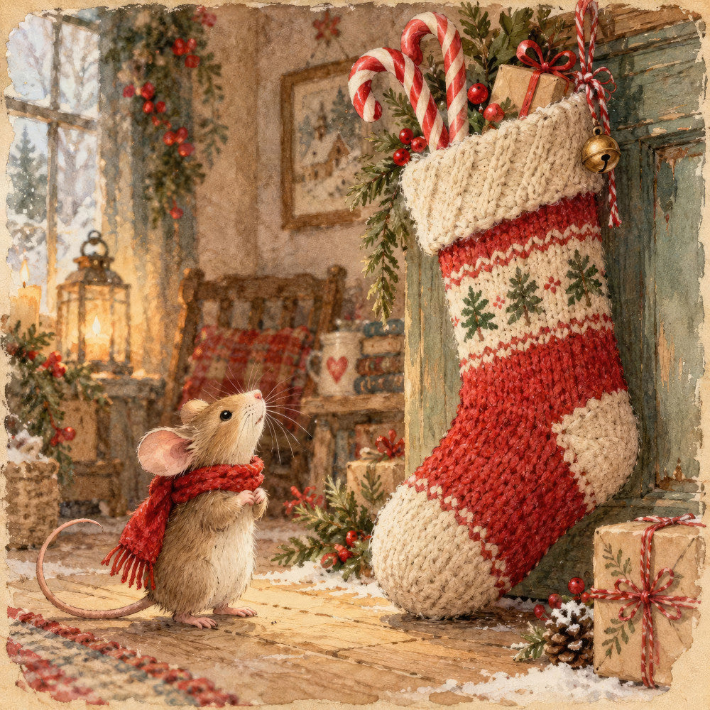 christmas, holiday, mouse, rat, festive, vintage, whimsical, rustic, stocking, candy cane, red, cream, ivory, green, gold, traditional, cozy, cottage core, winter, seasonal, animals, cute, charming, nostalgic, hand-knitted, fireplace, home décor, greeting card aesthetic, children's, fairy tale