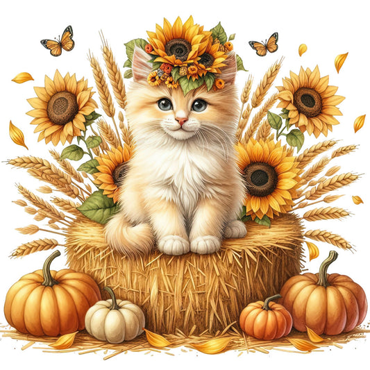 autumn, fall, sunflower, pumpkin, kitten, cat, fluffy, cream, golden yellow, orange, wheat, hay, butterflies, harvest, farmhouse, rustic, whimsical, cute, adorable, nature, botanical, seasonal, thanksgiving, cozy, warm tones, straw, leaves, petal, children's, playful