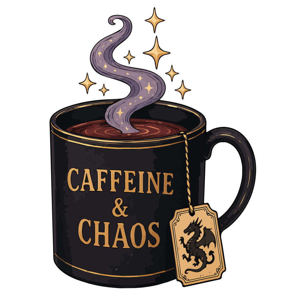 black, gold, dark purple, burgundy, stars, mystical, magical, whimsical, fantasy, dragon, tea cup, coffee, chaos, witchy, gothic, celestial, spell book, potion, enchanted, humorous, sarcastic, dark humor, alternative, goth, modern, edgy, quirky, steampunk