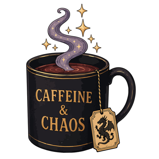 black, gold, dark purple, burgundy, stars, mystical, magical, whimsical, fantasy, dragon, tea cup, coffee, chaos, witchy, gothic, celestial, spell book, potion, enchanted, humorous, sarcastic, dark humor, alternative, goth, modern, edgy, quirky, steampunk