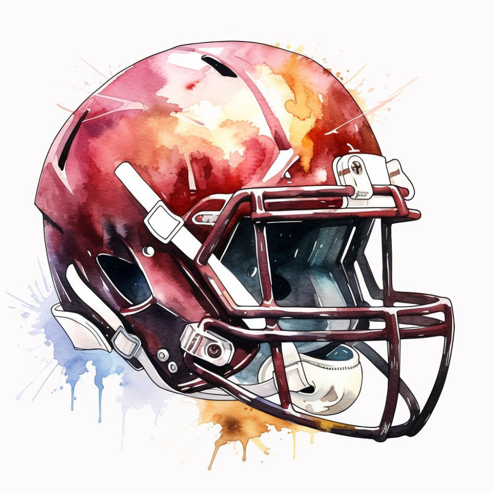 burgundy, maroon, wine red, crimson red, burnt orange, golden yellow, watercolor, abstract, sports, football, helmet, athletic, modern, contemporary, splatter, ink splash, gradient, ombre, patriotic, team spirit, masculine, bold, vibrant, fan apparel, americana, dynamic