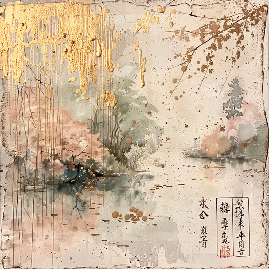 beige, cream, gold, sage green, dusty pink, brown, watercolor, landscape, nature scene, willow trees, branches, floral elements, asian art, serene, peaceful, distressed texture, aged appearance, fabric panel, quilting cotton, spring blossoms, botanical design, soft pastels, vintage wash, rice paper effect