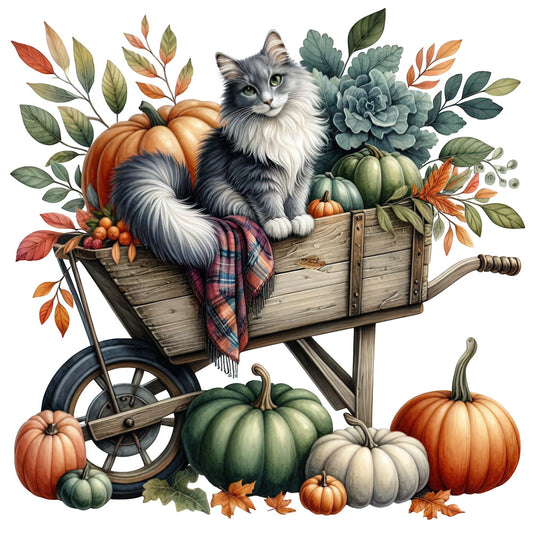 autumn cat, fall harvest, pumpkin patch, cat with pumpkins, orange pumpkin, green pumpkin, cream pumpkin, forest green, burnt orange, cream white, plaid blanket, succulent plants, autumn leaves, fall foliage, farmhouse style, rustic wheelbarrow, harvest theme, whimsical cat, cozy autumn, thanksgiving, fall season, nature theme, leaf motifs, garden scene, rustic charm, woodland animals, seasonal decor, warm earth tones, cottage style, harvest basket