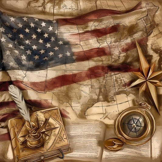 american flag, vintage map, antique, patriotic, red white blue, cream, tan, brown, gold, compass, nautical, exploration, historical, americana, rustic, traditional, stars, feather, aged, distressed, adventure, travel theme, celestial, heritage, colonial, classic, home decor, wall hanging