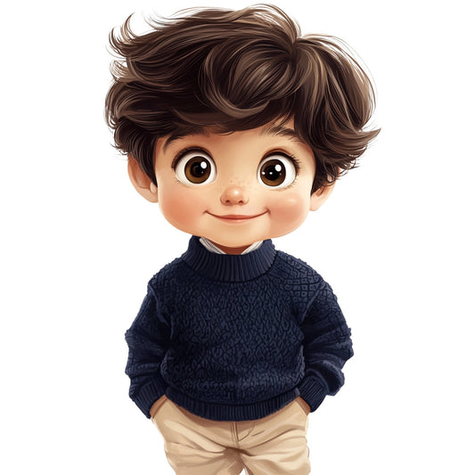 navy blue, cream, tan, beige, brown, chocolate brown, children's, boy, cute, whimsical, playful, character panel, portrait, smiling face, friendly, charming, modern, illustrated, cartoon style, kids fabric, baby boy, nursery, apparel, children's clothing, sweater motif, cozy, adorable, youthful