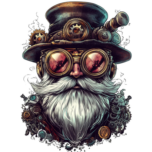 steampunk gnome, brass goggles, white beard, mechanical gears, copper tones, bronze accents, vintage hat, clockwork details, industrial fantasy, fabric panel, quilting cotton, fantasy character, victorian steampunk, metallic elements, whimsical design, craft fabric, sewing panel, steam-powered, ornate mustache, antiqued brass
