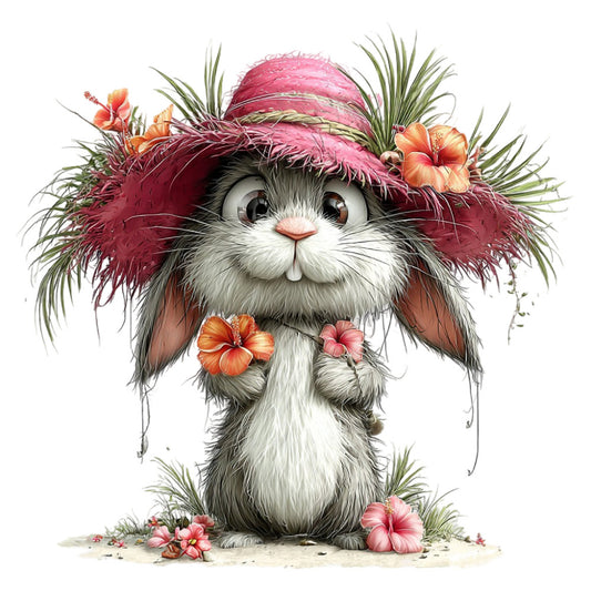 adorable bunny, animal, baby, blush pink, coral orange, cute character, easter, floral, flower, garden, hibiscus, illustration, innocent, kids, nature, nursery, peach, playful, quilt panel, spring, storybook, sweet, tender, whimsical, wildlife, woodland