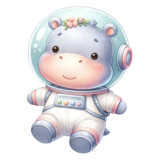 cute hippo, space astronaut, baby animals, whimsical, pastel colors, soft blue, pale pink, cream white, sage green, coral accents, floral crown, flowers, celestial theme, space explorer, nursery, baby quilt, children's fabric, kawaii style, gentle illustration, soft shading, adorable character, cosmic adventure, outer space, animal character, playful design, sweet aesthetic, baby shower, kids room decor, gender neutral, softly colored