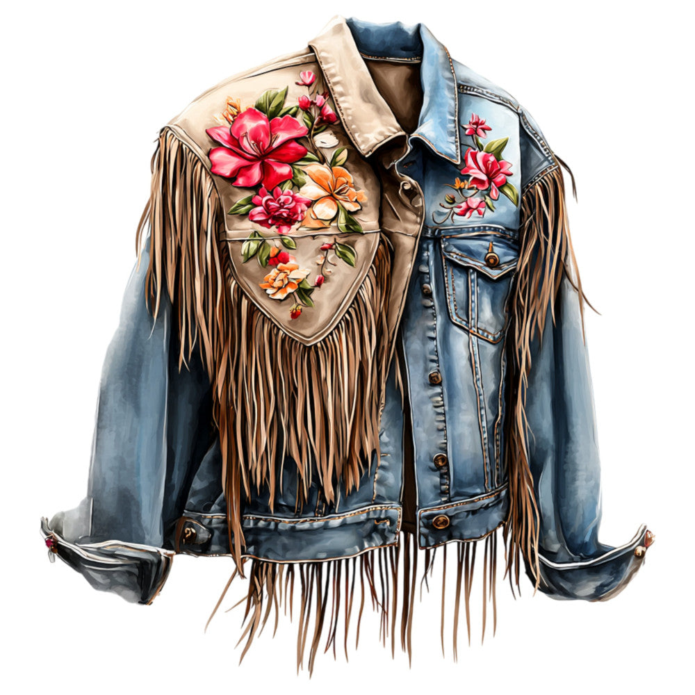 denim blue, tan, cream, coral pink, red flowers, orange flowers, green leaves, bohemian, western, fringe, floral, roses, vintage, rustic, boho chic, jacket inspired, embroidered look, nature, cowgirl, folk art, colorful blooms, distressed denim, fringed trim, statement piece, apparel design, landscape themed, mixed media, textile art, wearable art