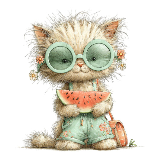 cute cat, whimsical, fluffy kitten, sage green, coral pink, watermelon, flowers, daisies, glasses, sunglasses, summer, spring, playful, cheerful, children's fabric, nursery, animal print, kawaii, illustrated, watercolor style, pastel colors, mint green, peach, adorable creatures, quirky, fun, novelty print, kids fabric