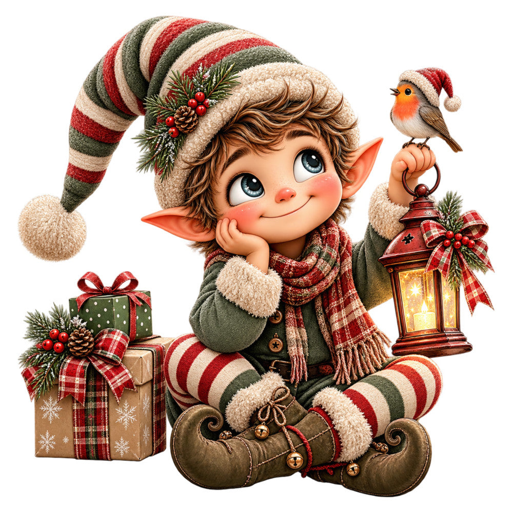 christmas elf, holiday, festive, whimsical, red, cream, forest green, striped, plaid, checkered, vintage, traditional, nostalgic, elf character, lantern, bird, robin, gift boxes, pine branches, berries, candy cane stripes, pointed shoes, jingle bells, cozy, rustic, cheerful, winter, seasonal, children's, storybook