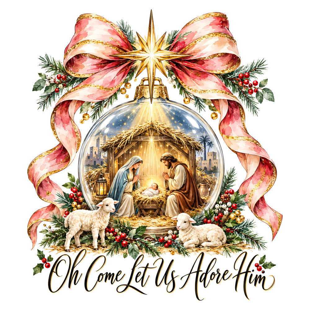 nativity scene, christmas, religious, oh come let us adore him, gold, cream, dusty rose, coral pink, forest green, red berries, traditional, elegant, celestial, starry night, holy night, baby jesus, nativity animals, lambs, sheep, nativity figures, mary and joseph, manger scene, evergreen branches, holly berries, gold star, gold ribbon, bow, decorative, holiday religious, winter