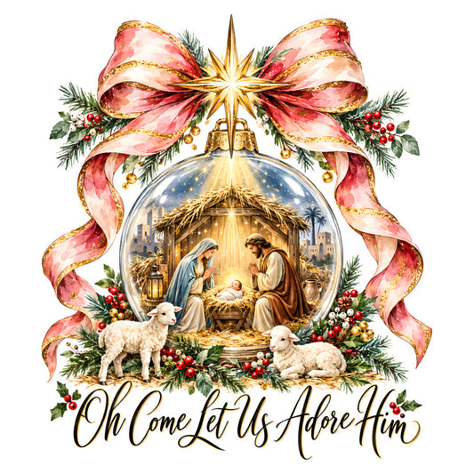nativity scene, christmas, religious, oh come let us adore him, gold, cream, dusty rose, coral pink, forest green, red berries, traditional, elegant, celestial, starry night, holy night, baby jesus, nativity animals, lambs, sheep, nativity figures, mary and joseph, manger scene, evergreen branches, holly berries, gold star, gold ribbon, bow, decorative, holiday religious, winter