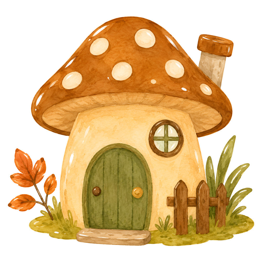 mushroom house, whimsical, fairy tale, fantasy, cottage core, storybook, cream, tan, beige, rust brown, forest green, sage green, orange flowers, nature, woodland, enchanted forest, children's, nursery, autumn, fall, magical, storybook illustration, garden, cute, playful, rustic, vintage inspired, children's quilt, wall hanging, baby quilt