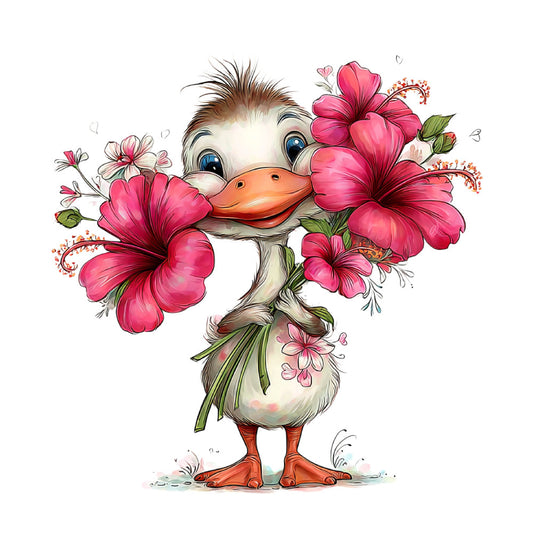 cute duck, hot pink flowers, whimsical animals, spring florals, baby quilt, coral orange, pink hibiscus, children's fabric, animal illustration, nature theme, cheerful design, pastel colors, floral motif, farmyard animals, sweet style, decorative flowers, nursery fabric, playful character, botanical print, girl's quilt, easter theme, spring season, illustrated animals, vibrant pink, character panel, nature lover, delicate florals, charming design, watercolor style, kids clothing