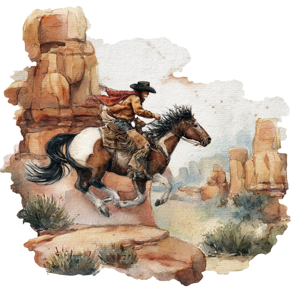 western, cowboy, horse, saddle, desert landscape, rocky mountains, rustic, vintage, tan, terracotta, burnt orange, cream, sage green, beige, adobe, southwest, wild west, americana, traditional, adventure, outdoor, landscape, scenic, natural, earth tones, wall hanging, decorative panel, western theme, horseback rider
