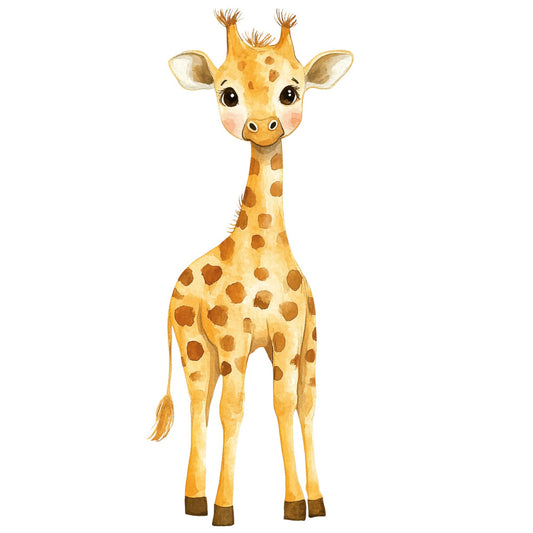 giraffe, safari, wildlife, animals, africa, baby, nursery, children's, whimsical, cute, golden yellow, tan, brown, cream, beige, spots, spotted pattern, nature, woodland, jungle, gentle, soft, playful, baby shower, kids room, wall hanging, gender neutral, illustrated, watercolor style