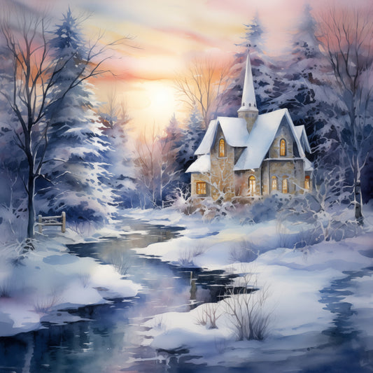 winter landscape, snowy scene, church, steeple, frozen stream, cabin, holiday, christmas, snow-covered trees, evergreen trees, winter cottage, peaceful, serene, spiritual, religious, cool tones, cream, ivory, pale blue, slate blue, soft gray, dusty purple, golden light, sunset, dawn, traditional, elegant, scenic, nature, cozy