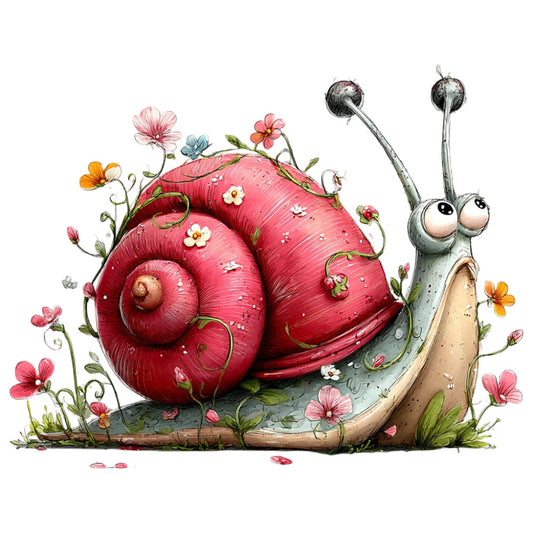 whimsical snail, garden creatures, botanical flowers, coral pink, crimson red, sage green, cream, nature theme, animal illustration, floral design, spring garden, whimsical style, storybook art, children's fabric, woodland creatures, flowering vines, fairy tale, cottage core, rustic charm, playful characters, large scale print, decorative panel, wall art, kid friendly, nature lover, garden insects, colorful blooms, illustrated animals, springtime theme, soft watercolor style