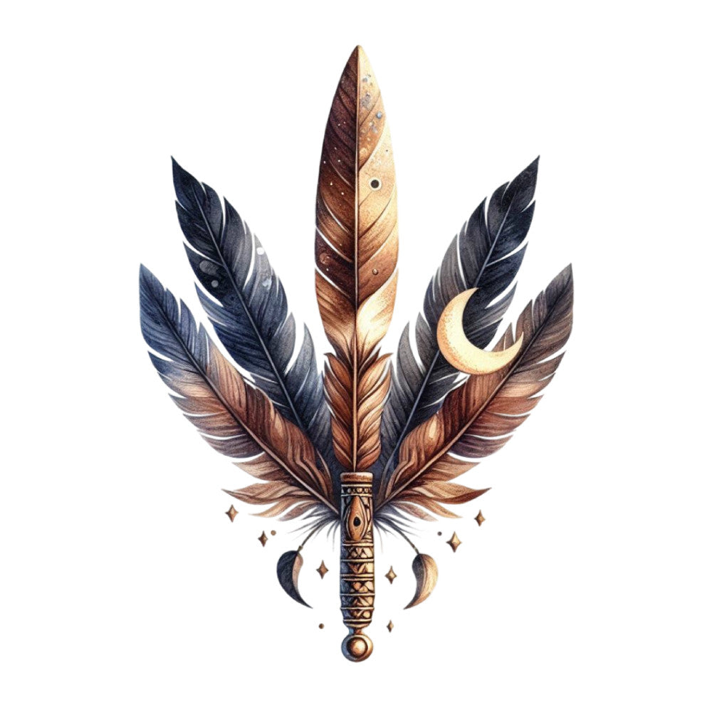 feathers, celestial, moon, crescent moon, stars, bohemian, mystical, spiritual, earthy tones, brown, cream, navy blue, black, gold accents, decorative handle, ornate, indigenous, tribal, nature, ethereal, whimsical, magical, boho chic, rustic, elegant, southwestern, native american inspired, wall hanging, spiritual decor, dark academia