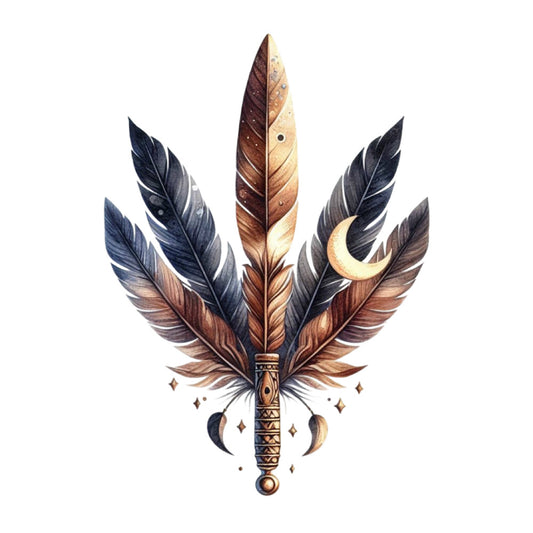 feathers, celestial, moon, crescent moon, stars, bohemian, mystical, spiritual, earthy tones, brown, cream, navy blue, black, gold accents, decorative handle, ornate, indigenous, tribal, nature, ethereal, whimsical, magical, boho chic, rustic, elegant, southwestern, native american inspired, wall hanging, spiritual decor, dark academia
