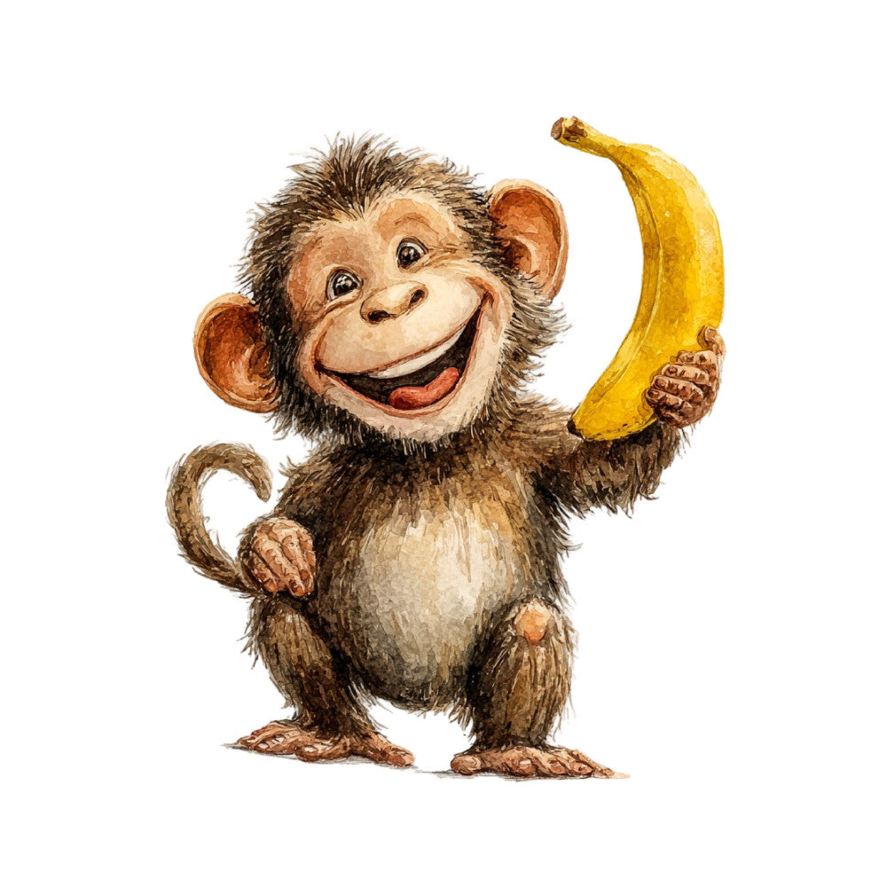 happy monkey, smiling chimp, banana, whimsical animals, children's fabric, playful design, brown, tan, cream, yellow, gold, cartoon style, illustrated animals, vintage style, fun theme, kid's quilt, nursery fabric, animal motifs, primate, cheerful, lighthearted, storybook illustration, animal characters, novelty print, playful illustration, children's theme, retro style, endearing characters