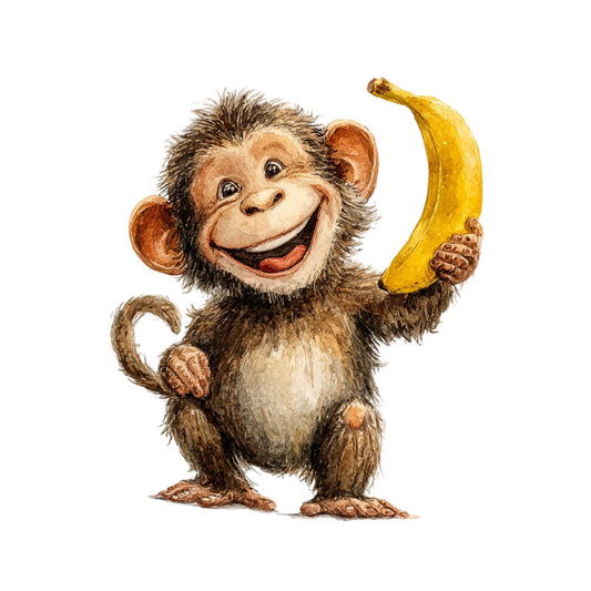 happy monkey, smiling chimp, banana, whimsical animals, children's fabric, playful design, brown, tan, cream, yellow, gold, cartoon style, illustrated animals, vintage style, fun theme, kid's quilt, nursery fabric, animal motifs, primate, cheerful, lighthearted, storybook illustration, animal characters, novelty print, playful illustration, children's theme, retro style, endearing characters