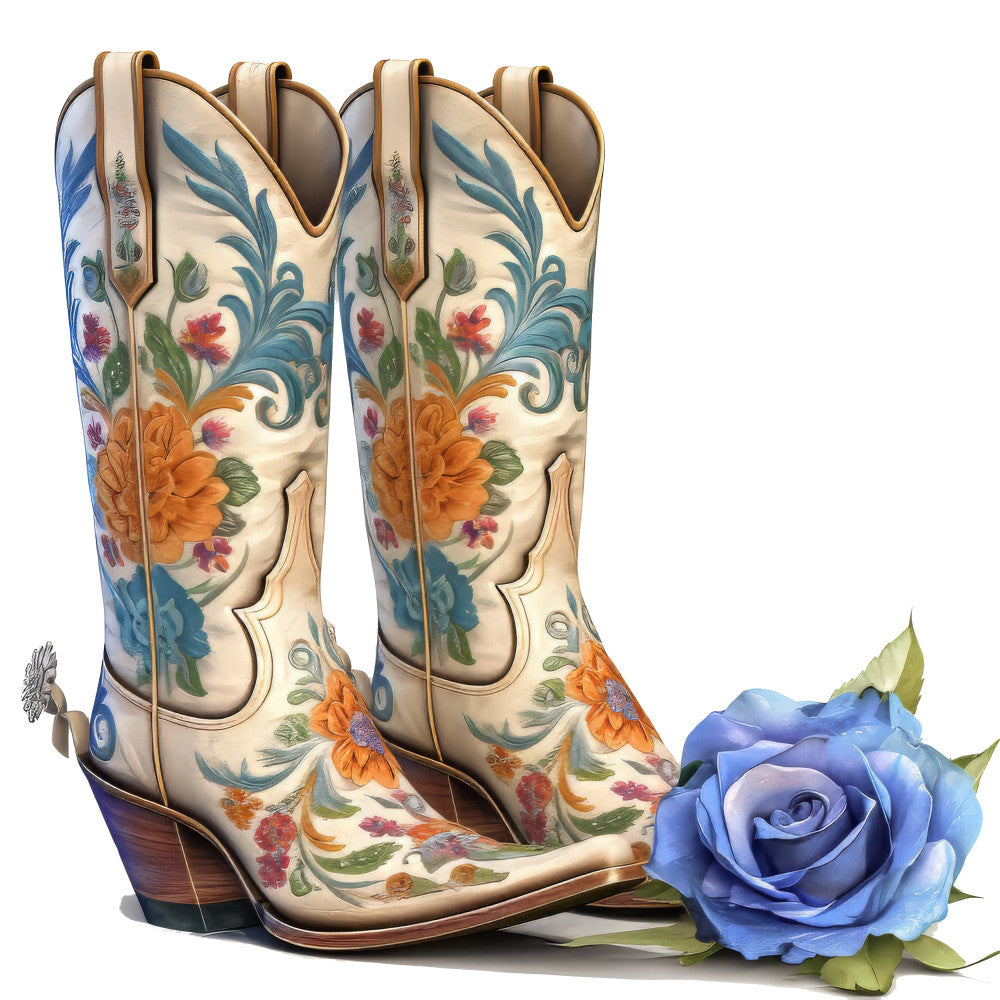 cream, ivory, orange, golden yellow, teal blue, blue, burgundy, red, floral, western, cowboy boots, botanical, nature, vintage, romantic, elegant, whimsical, rustic, traditional, roses, daisies, flowers, scrollwork, ornamental, spring, summer, home decor, fashion, decorative