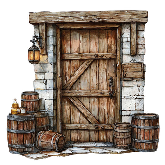 rustic door, wooden barrels, stone archway, lantern, whiskey bottles, brown tones, weathered wood, medieval style, tavern scene, fabric panel, quilting cotton, distillery theme, bourbon barrels, aged wood, cobblestone, iron hardware, warm amber, rustic illustration, vintage charm