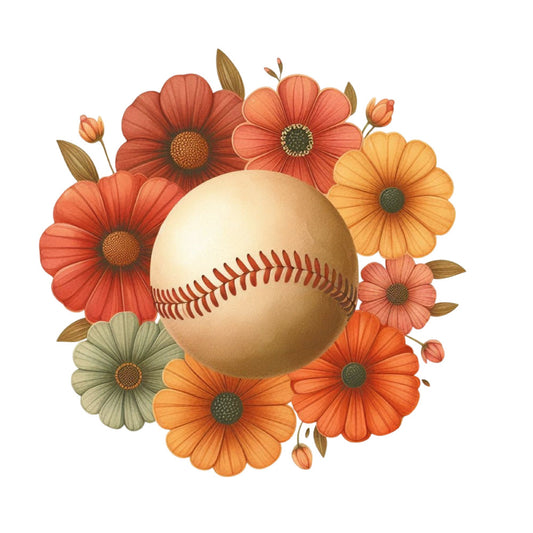 baseball, sports, flowers, floral, daisy, cosmos, coral, rust, orange, golden yellow, cream, sage green, autumn, fall, nature, botanical, whimsical, playful, vintage, cottage core, home decor, wall art, nursery, sports theme, baseball fan, team spirit, feminine sports, mixed media, illustration style, decorative panel