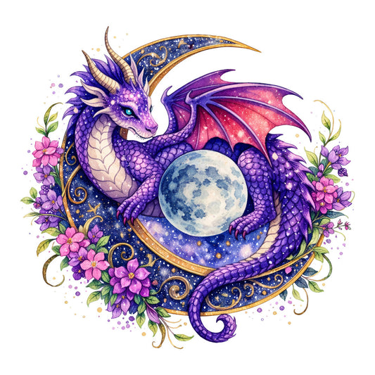 purple dragon, celestial, moon, starry night, fantasy, whimsical, magical, deep purple, violet, pink flowers, floral, gold accents, ornamental, elegant, mystical, cosmic, dragon motif, nature-inspired, bohemian, ethereal, enchanted, decorative border, scrollwork, dreamy, evening sky, lunar, winged creature, mystical beast, ornate details