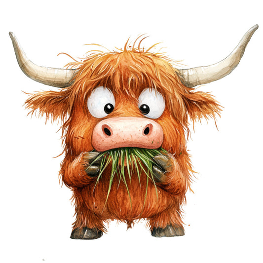 highland cattle, scottish highland, rustic farm animals, brown, rust orange, cream, beige, tan, whimsical, cute animals, farmhouse style, country, pastoral, charming, humorous, children's fabric, novelty print, eating grass, horned animals, livestock, folk art style, traditional, playful expression, wide-eyed, hairy animals, pastoral scene, farm life, cottage core, country living, animal motifs