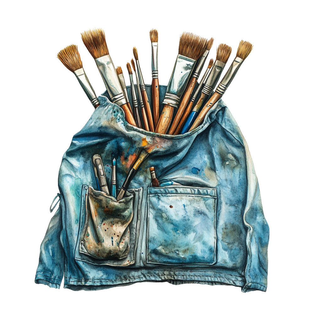 blue denim jacket, paint brushes, artist tools, watercolor style, denim blues, teal, brown bristles, creative supplies, art studio, paint-splattered pockets, realistic illustration, craft theme, artistic motif, fabric panel, quilting cotton, hobby design, painter's jacket, brush collection, art class, creative workspace