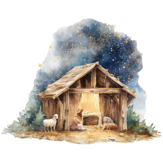 gold, nativity scene, stable, manger, baby jesus, mary, joseph, sheep, animals, starry night, blue sky, golden stars, watercolor style, christmas, religious, biblical, wooden stable, warm glow, fabric panel, quilting cotton