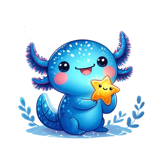 cute axolotl, cartoon character, bright blue, turquoise, pink blush, yellow star, purple gills, kawaii style, smiling face, fabric panel, quilting cotton, marine animal, underwater theme, cheerful mood, baby nursery, children's fabric, adorable creature, soft pastels, playful design, aquatic animal