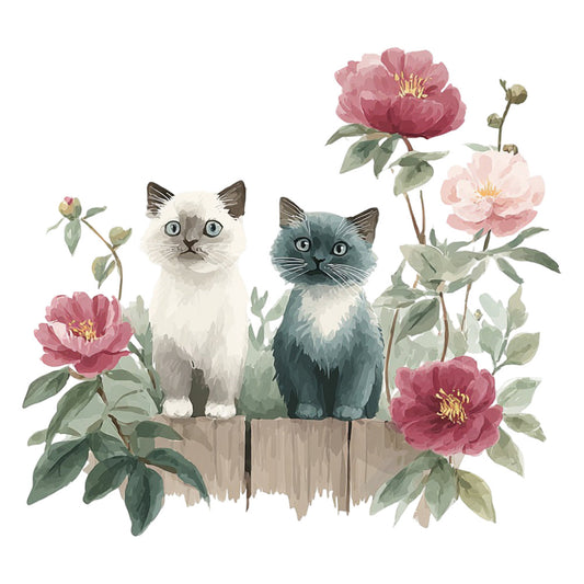 floral, cats, peonies, rose pink, dusty rose, cream white, teal blue, sage green, nature, whimsical, elegant, botanical, garden, animal, vintage, watercolor, soft colors, pastels, spring, summer, romantic, feminine, decorative, wall hanging, home decor, traditional, country, cottage style, blossoms, flowers and animals